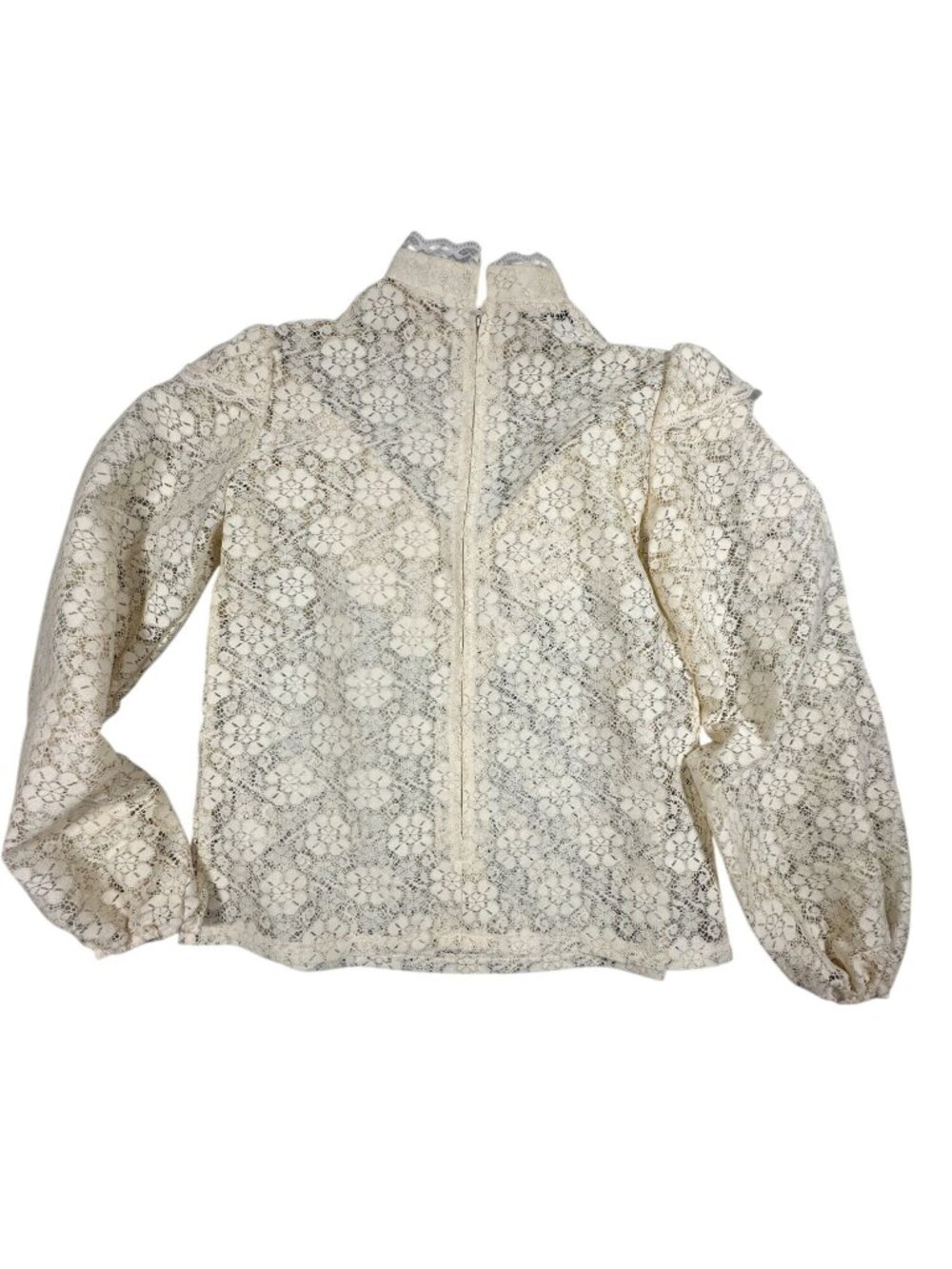 Vintage Captive Fashion Cream Lace Blouse High Neck Ruffle Sheer Back Zipper - Picture 4 of 8